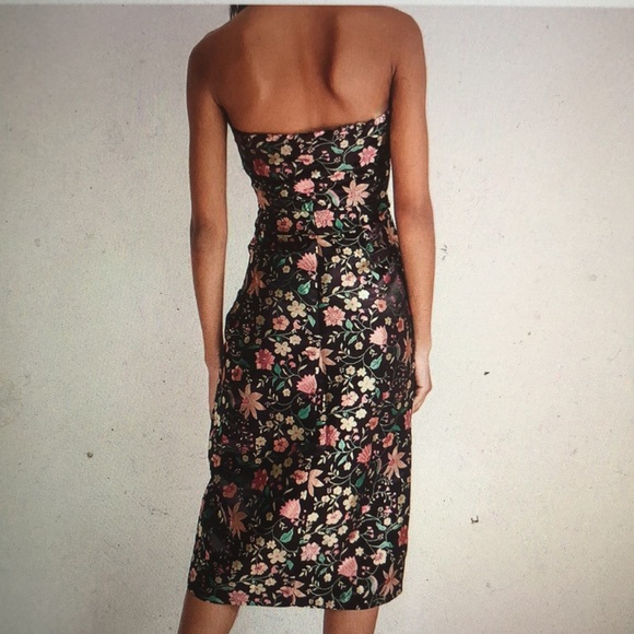 Black Satin Floral Jacquard Strapless Midi Dress - Picture 2 of 4